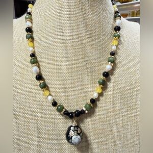 Artisan VTG Japanese Tensha bead w//jade, citrine, fresh water pearls Necklace